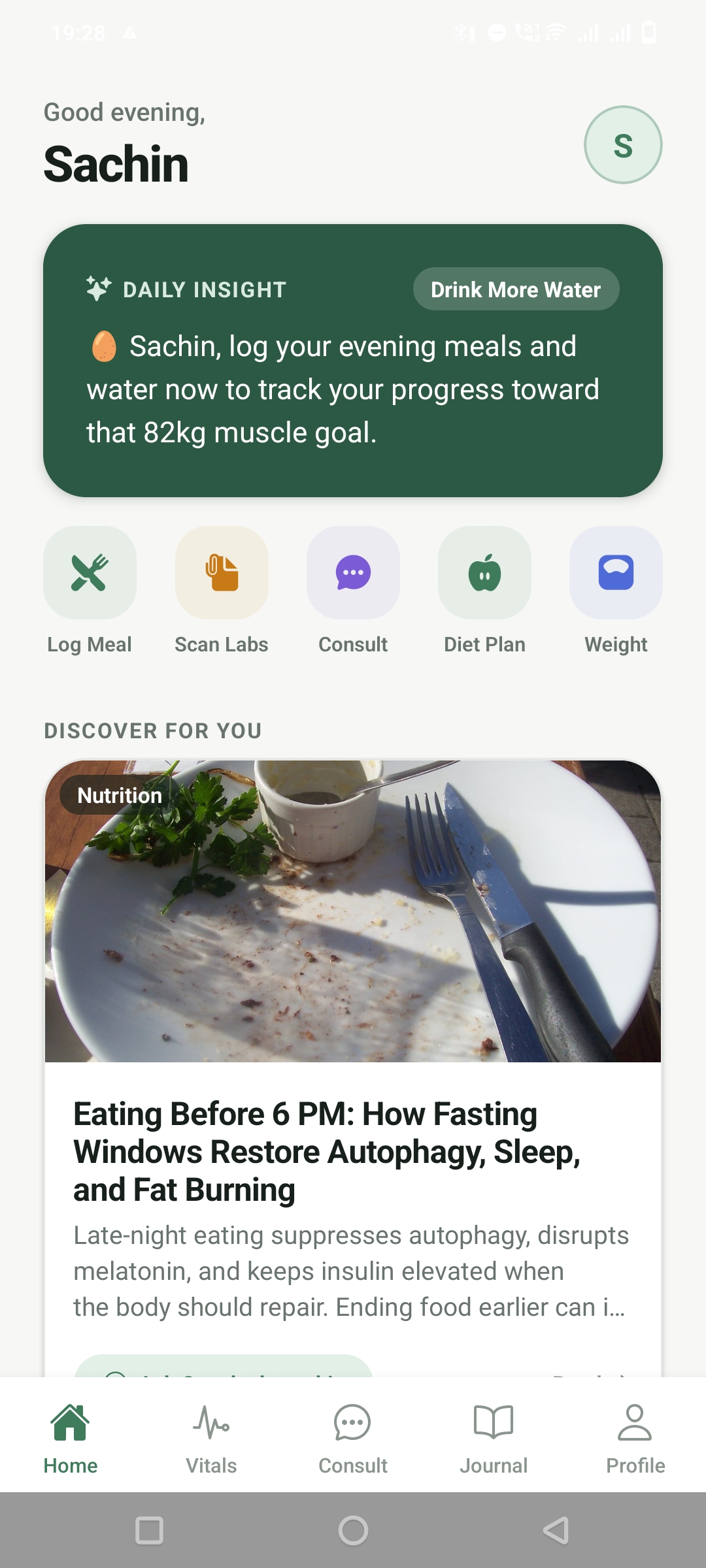 LivFit AI home screen with a personalized daily insight and quick actions