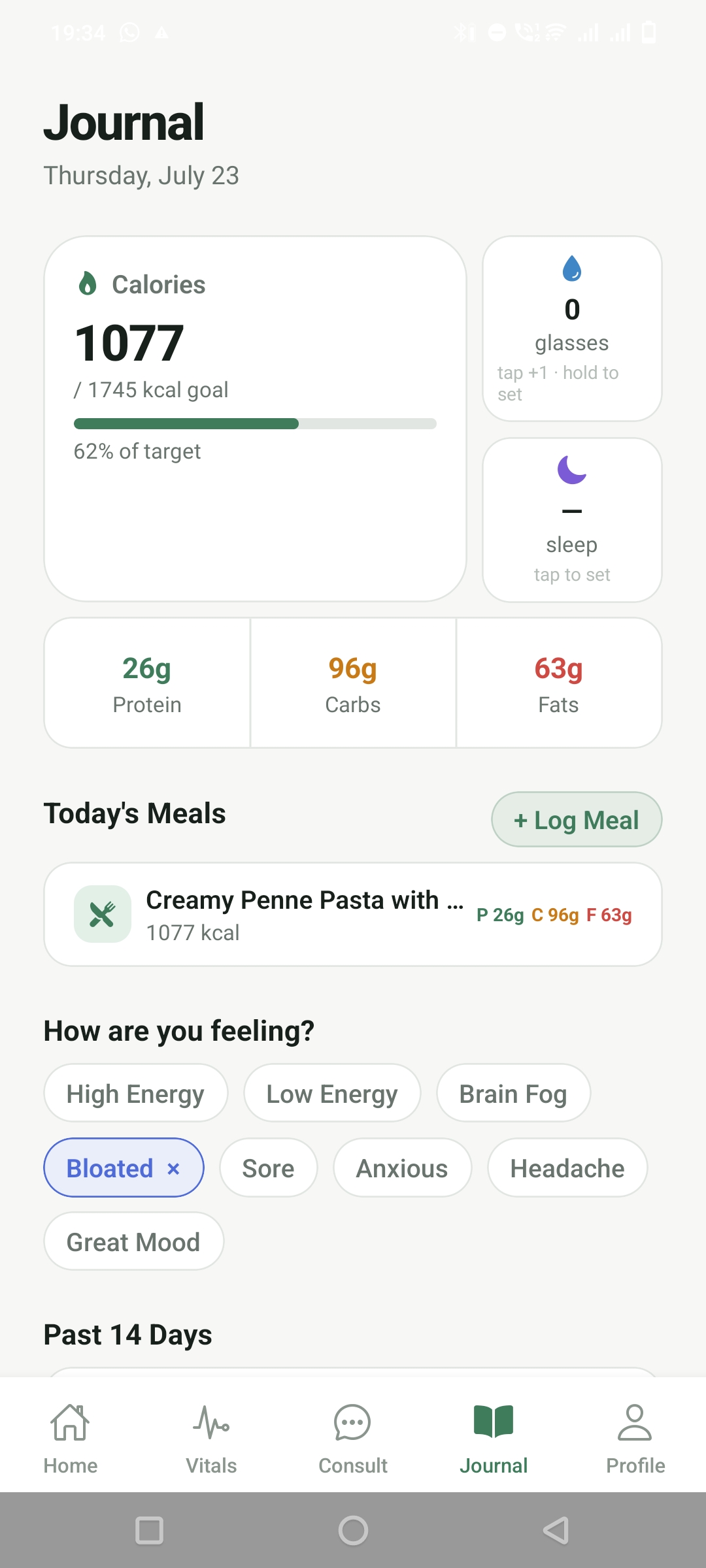 Journal screen combining calories, macros, water, sleep and mood in one place
